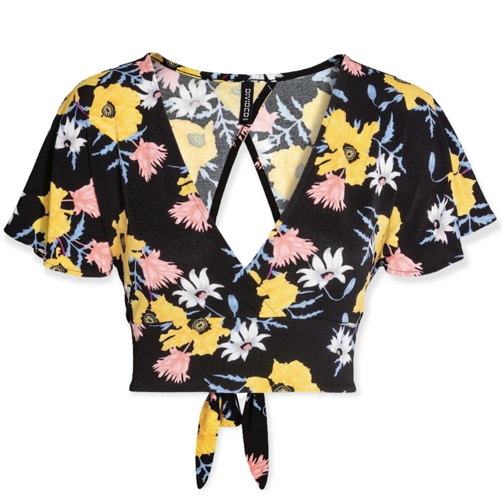 H&M Divided Black Floral V-Neck Crop Top Women’s Small